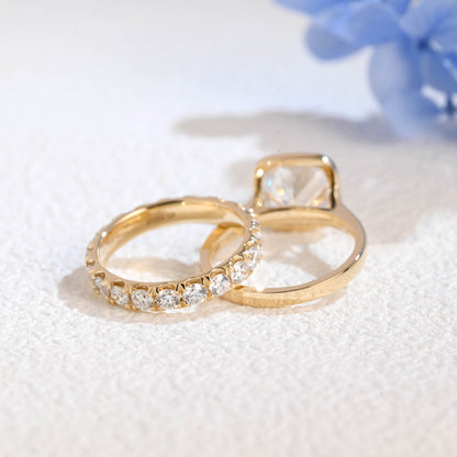 CausYou radiant cut bridal set Solid Gold Cushion Cut Lab Diamond Engagement Ring and Wedding Ring Bridal Set