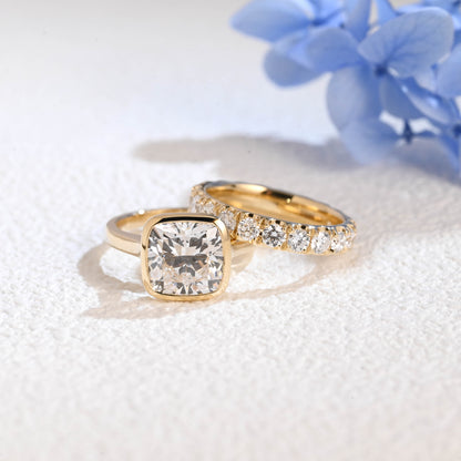 CausYou radiant cut bridal set Solid Gold Cushion Cut Lab Diamond Engagement Ring and Wedding Ring Bridal Set