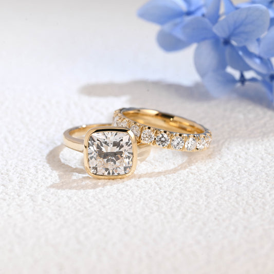 CausYou radiant cut bridal set Solid Gold Cushion Cut Lab Diamond Engagement Ring and Wedding Ring Bridal Set