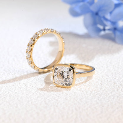 CausYou radiant cut bridal set Solid Gold Cushion Cut Lab Diamond Engagement Ring and Wedding Ring Bridal Set