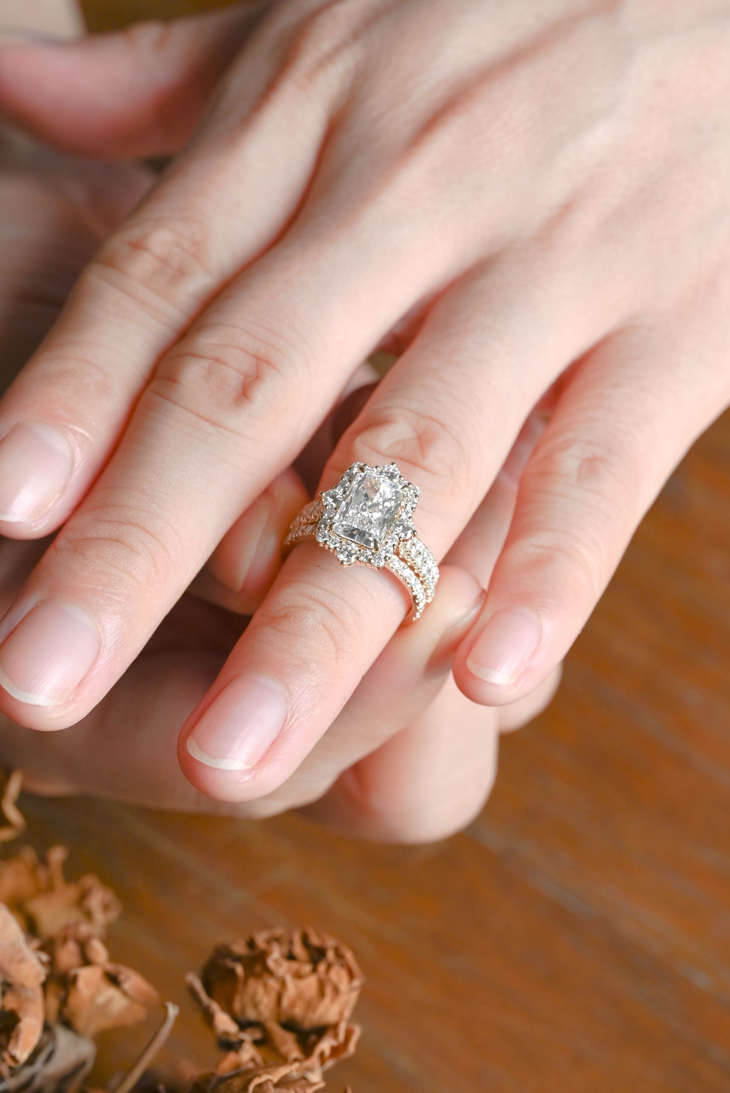 CausYou radiant cut bridal set Solid Gold Radiant Cut Moissanite Engagement Ring and Enhancer Wedding Ring Bridal Set