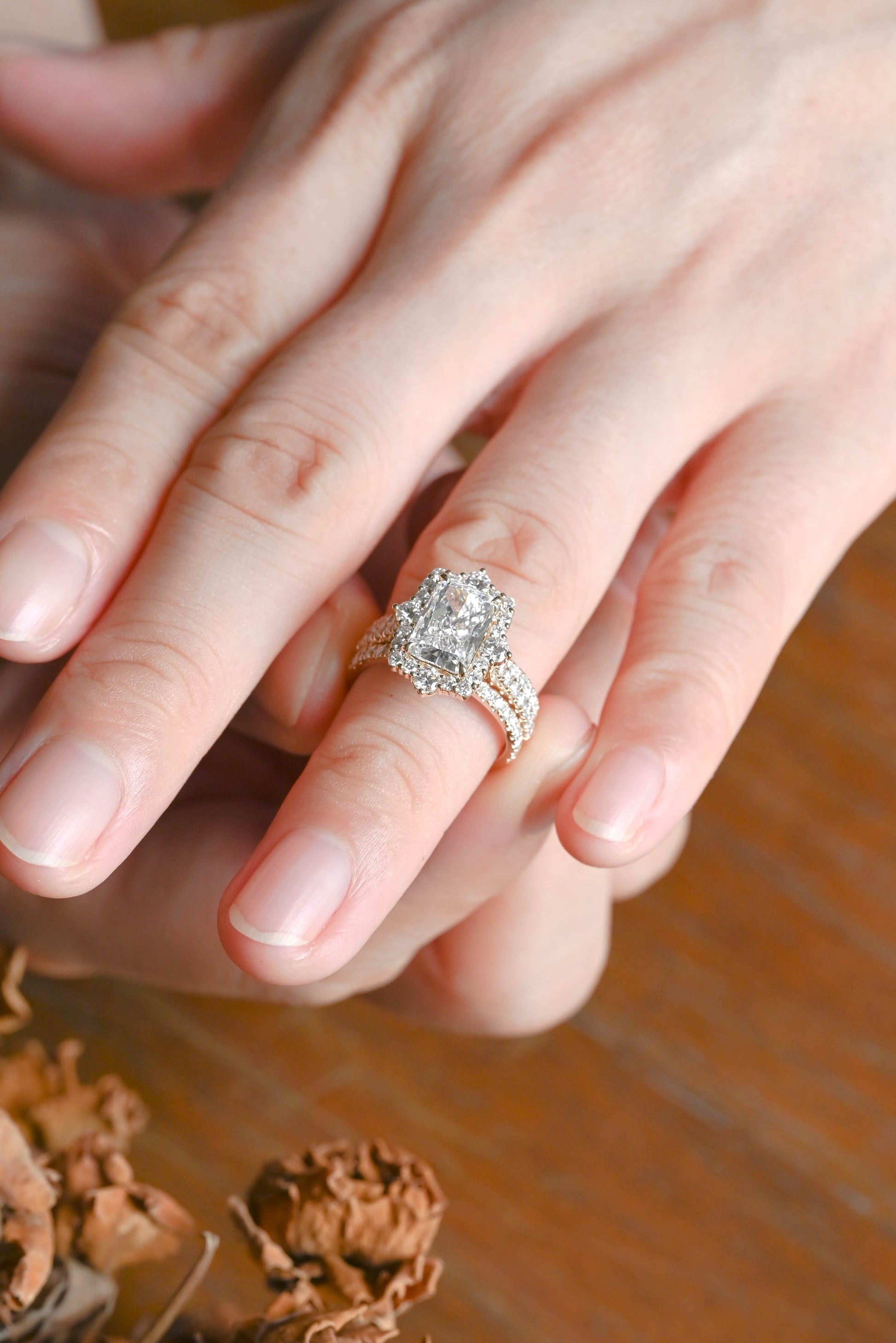 CausYou radiant cut bridal set Solid Gold Radiant Cut Moissanite Engagement Ring and Enhancer Wedding Ring Bridal Set