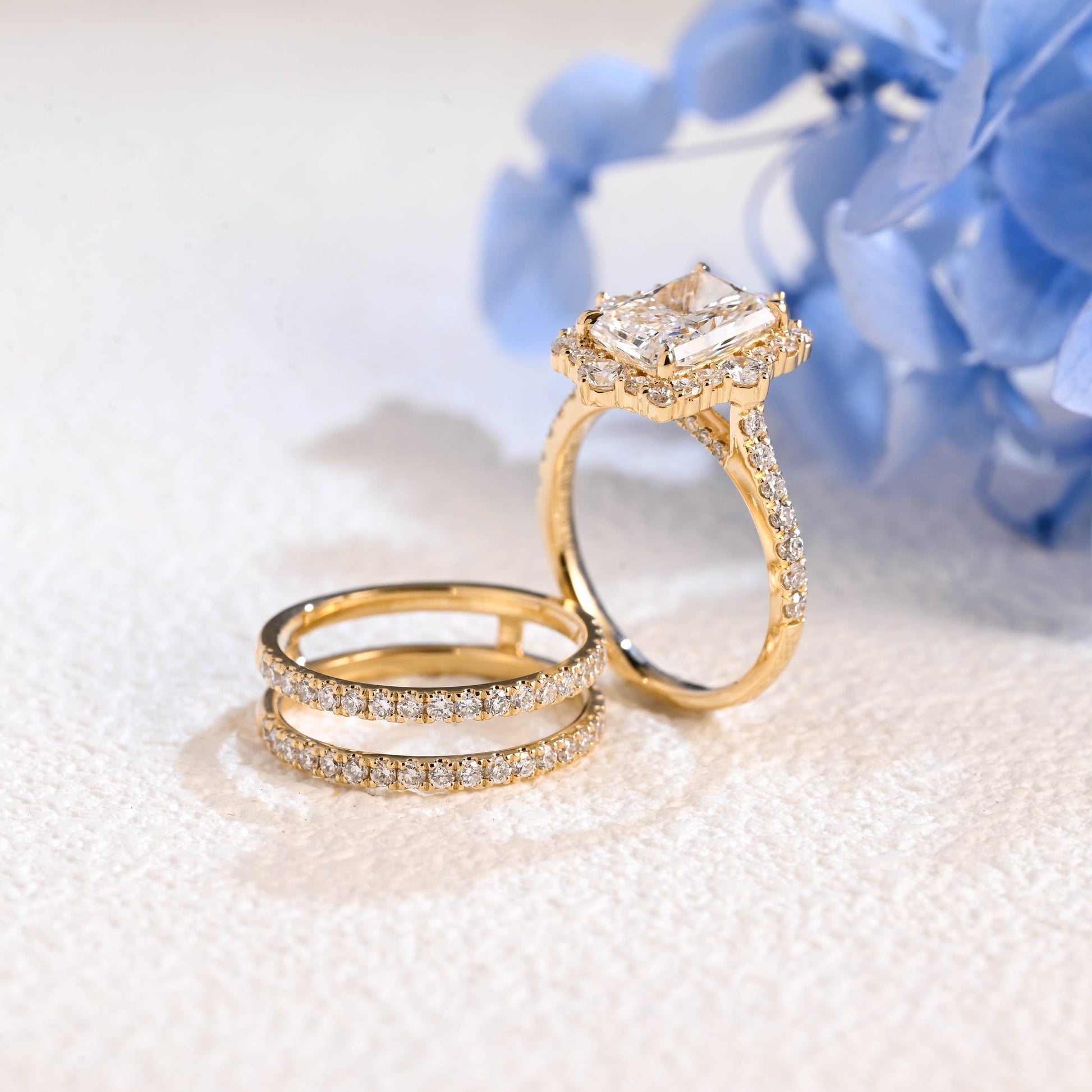 CausYou radiant cut bridal set Solid Gold Radiant Cut Moissanite Engagement Ring and Enhancer Wedding Ring Bridal Set