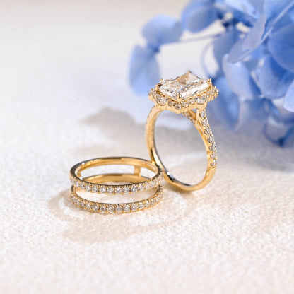 CausYou radiant cut bridal set Solid Gold Radiant Cut Moissanite Engagement Ring and Enhancer Wedding Ring Bridal Set