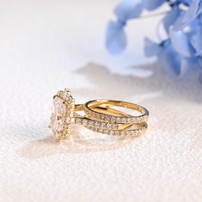CausYou radiant cut bridal set Solid Gold Radiant Cut Moissanite Engagement Ring and Enhancer Wedding Ring Bridal Set