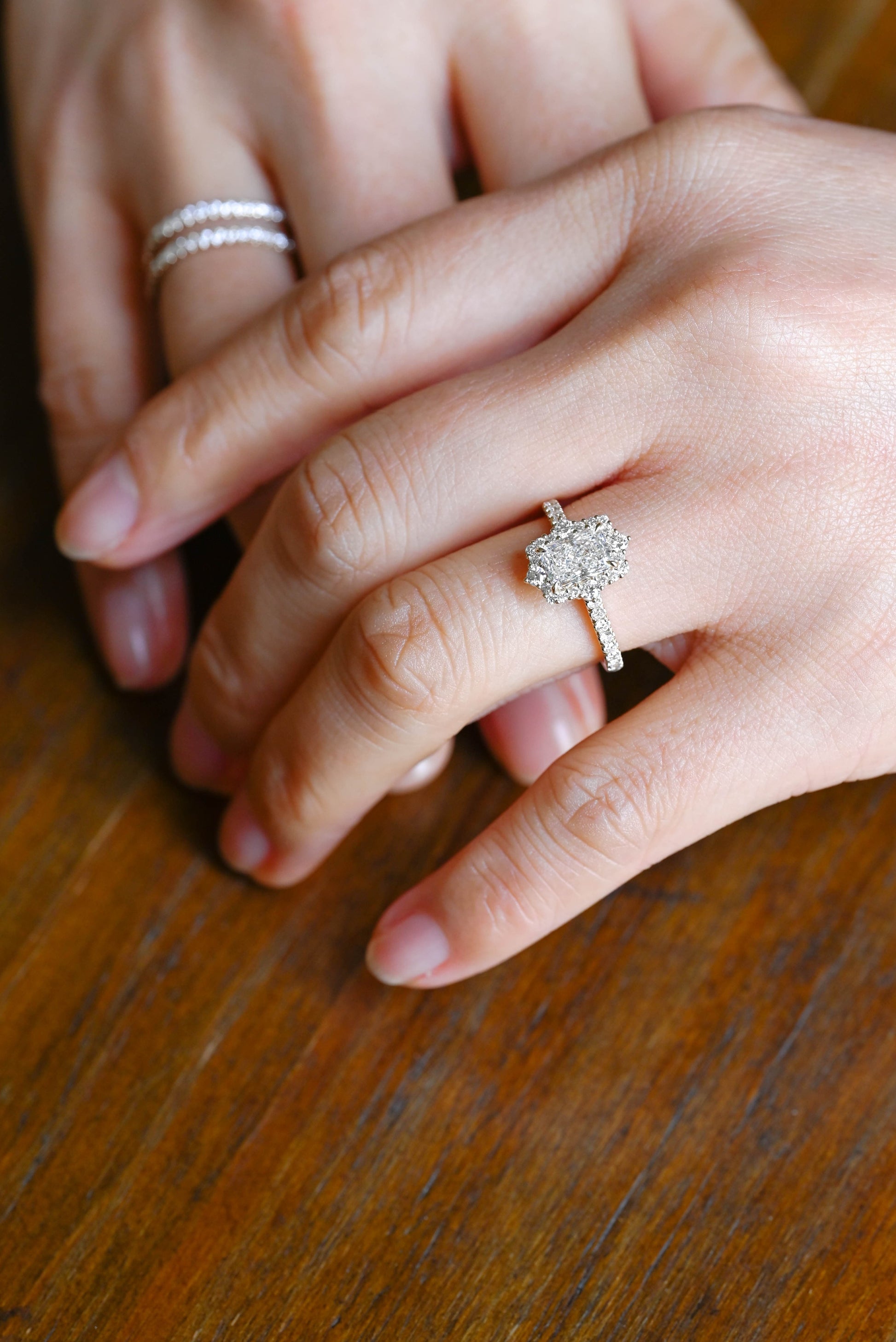 CausYou radiant cut lab diamond bridal set Solid Gold Radiant Cut Lab Diamond Engagement Ring & Round Cut Enhancer Ring, Bridal Set| D Color VS1 IGI Certified