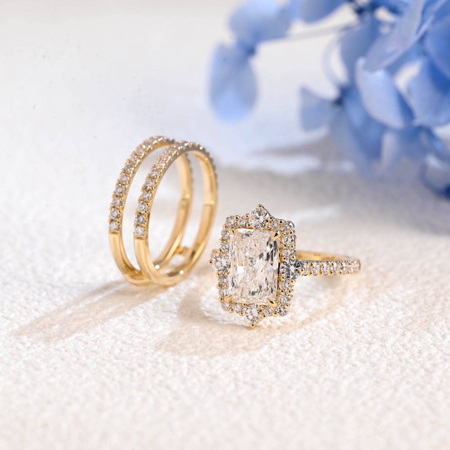 CausYou radiant cut lab diamond bridal set Solid Gold Radiant Cut Lab Diamond Engagement Ring & Round Cut Enhancer Ring, Bridal Set| D Color VS1 IGI Certified