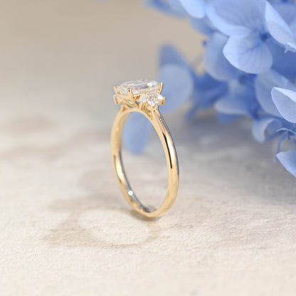 CausYou Radiant Cut Moissanite Engagement Ring Solid Gold Cluster Emerald Cut Moissanite Engagement Ring