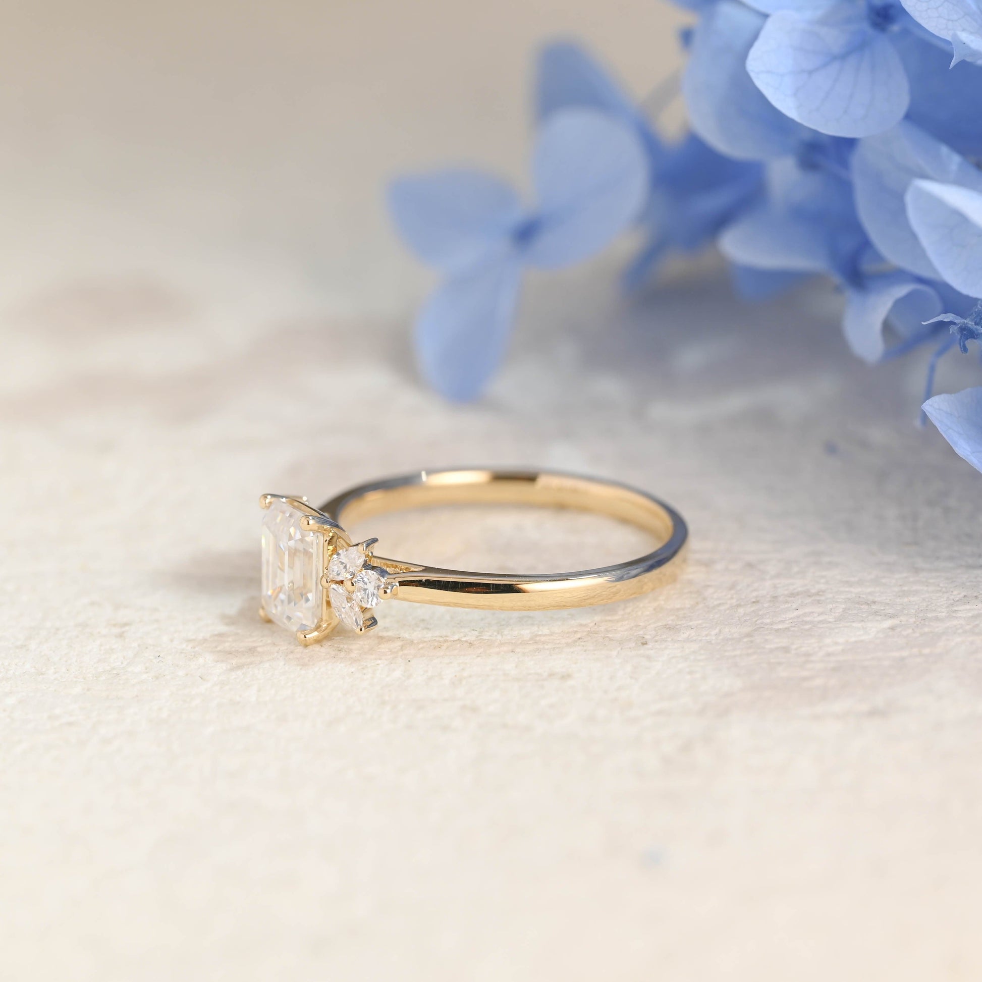 CausYou Radiant Cut Moissanite Engagement Ring Solid Gold Cluster Emerald Cut Moissanite Engagement Ring