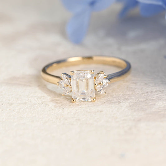 CausYou Radiant Cut Moissanite Engagement Ring Solid Gold Cluster Emerald Cut Moissanite Engagement Ring