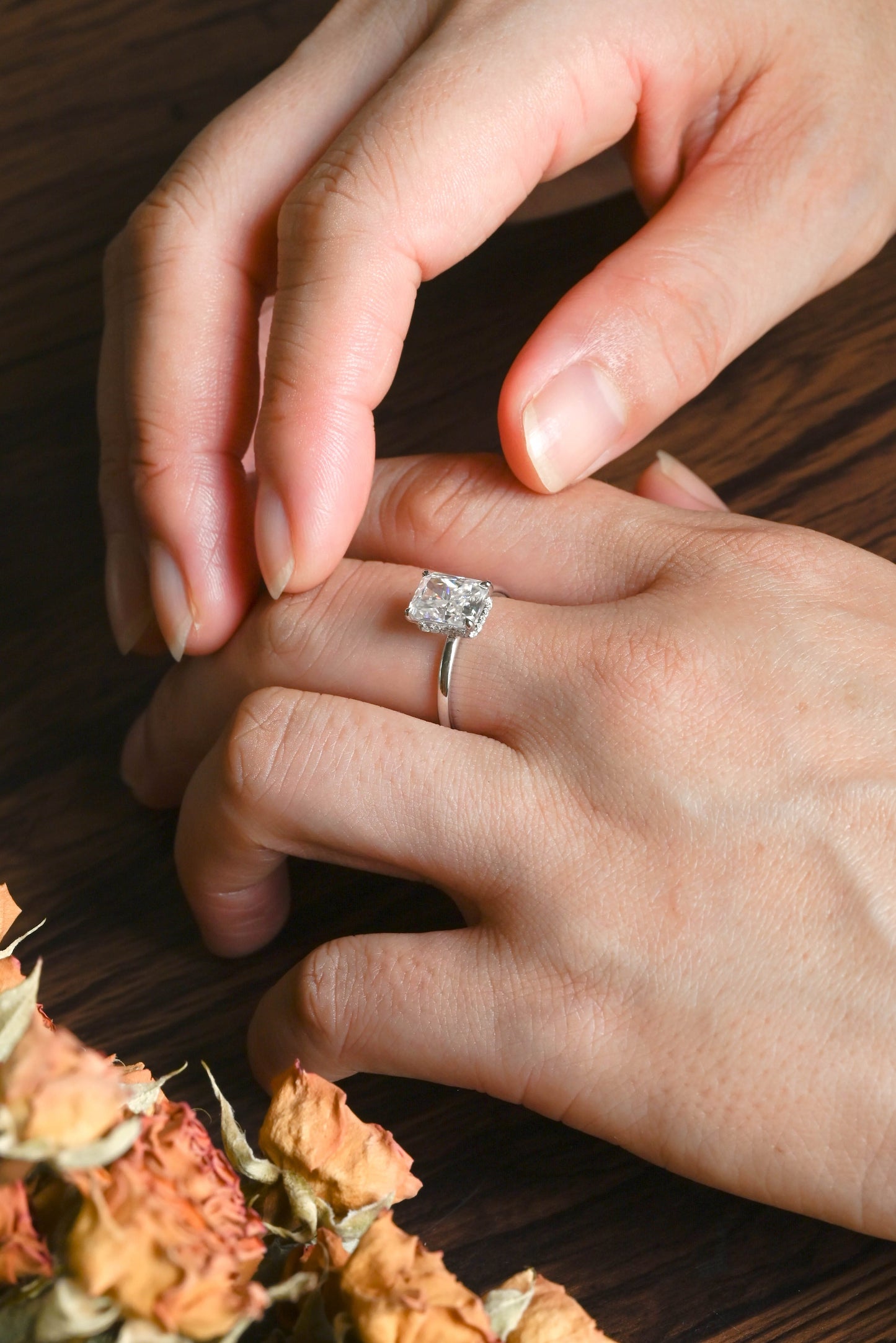 CausYou radiant cut moissanite engagement ring Solid Gold Crushed Ice Hidden Halo Radiant Cut Moissanite Engagement Ring