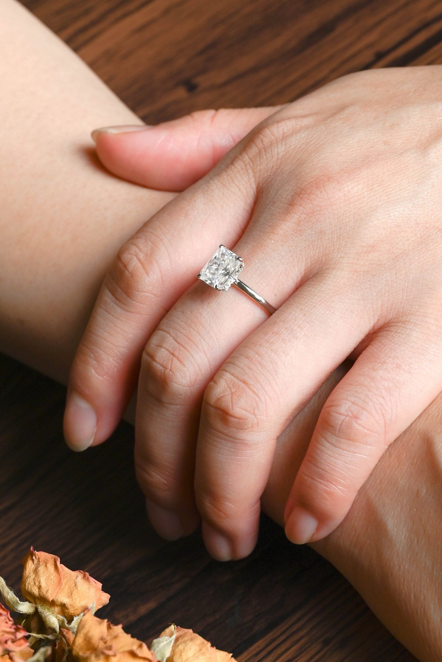 CausYou radiant cut moissanite engagement ring Solid Gold Crushed Ice Hidden Halo Radiant Cut Moissanite Engagement Ring