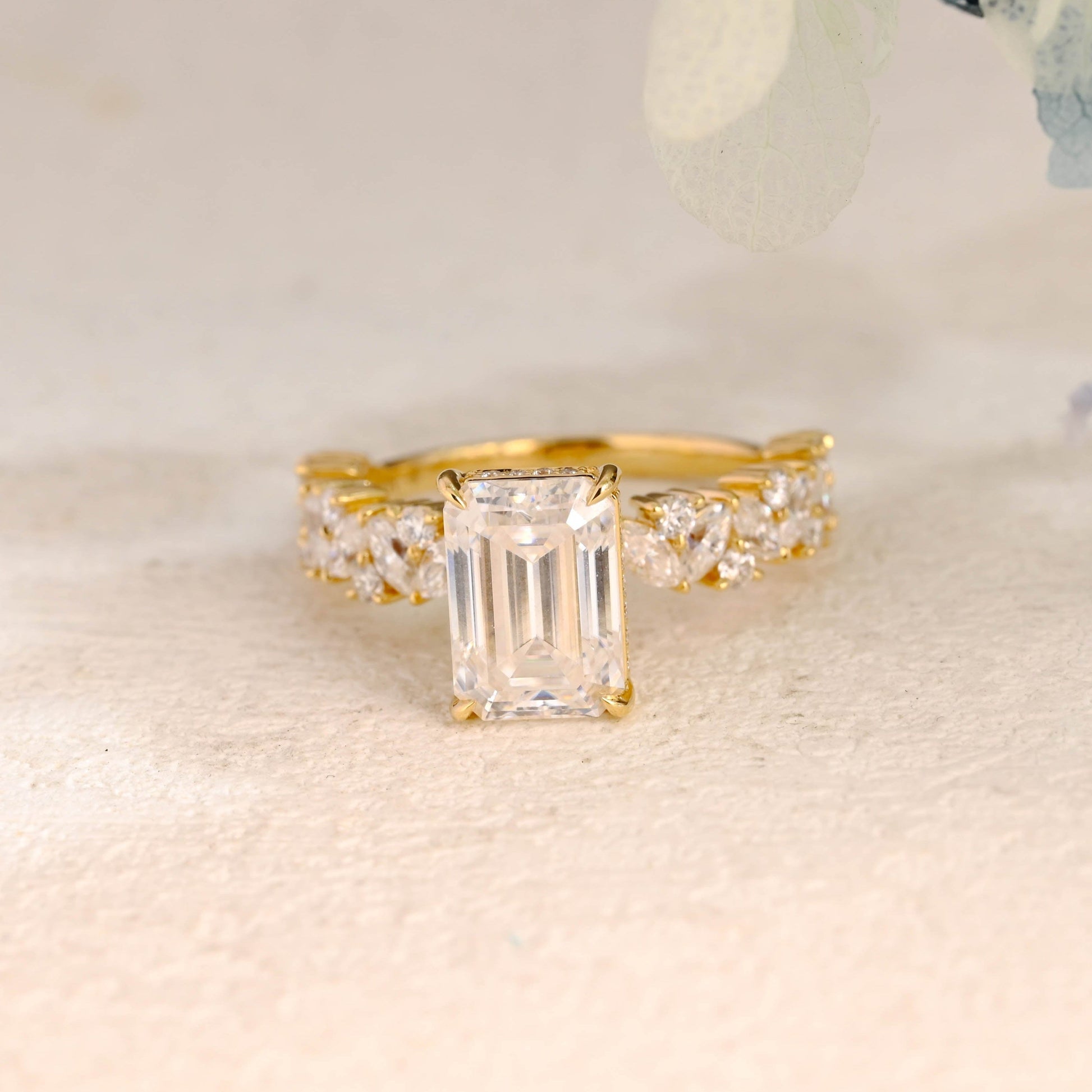 CausYou Radiant Cut Moissanite Engagement Ring Solid Gold Hidden Halo Emerald Cut Moissanite Engagement Ring