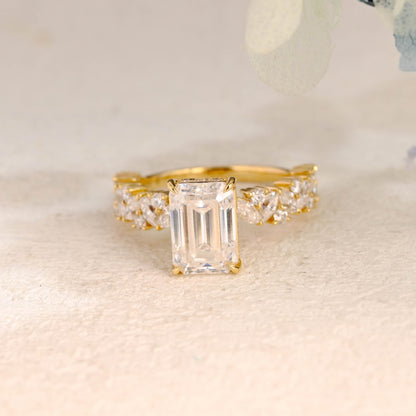 CausYou Radiant Cut Moissanite Engagement Ring Solid Gold Hidden Halo Emerald Cut Moissanite Engagement Ring