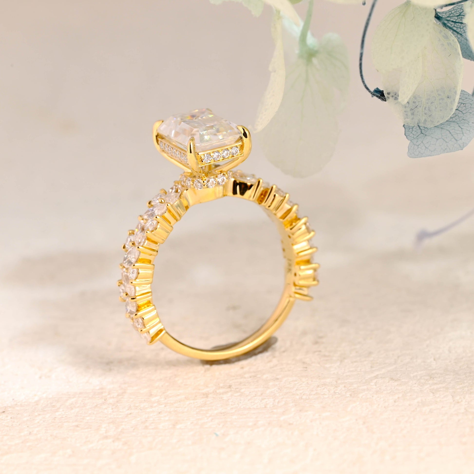 CausYou Radiant Cut Moissanite Engagement Ring Solid Gold Hidden Halo Emerald Cut Moissanite Engagement Ring