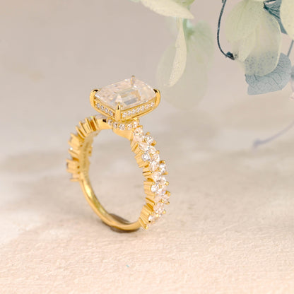 CausYou Radiant Cut Moissanite Engagement Ring Solid Gold Hidden Halo Emerald Cut Moissanite Engagement Ring