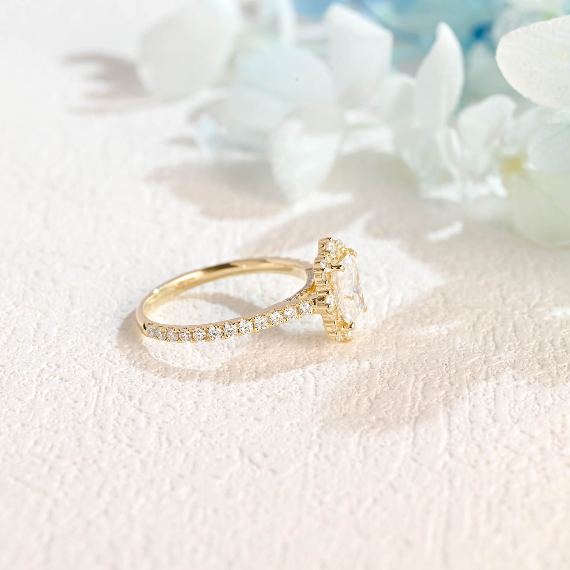 CausYou Solid Gold Radiant Cut Moissanite Engagement Ring, Halo Ring