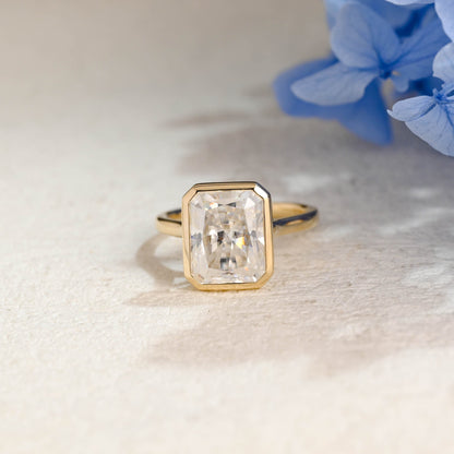 CausYou Radiant Cut Moissanite Engagement Ring Solid Gold Solitaire Bezel Radiant Cut Moissanite Engagement Ring