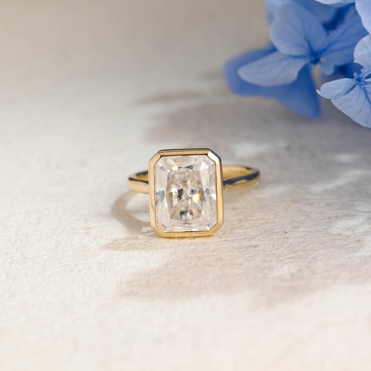 CausYou Radiant Cut Moissanite Engagement Ring Solid Gold Solitaire Bezel Radiant Cut Moissanite Engagement Ring