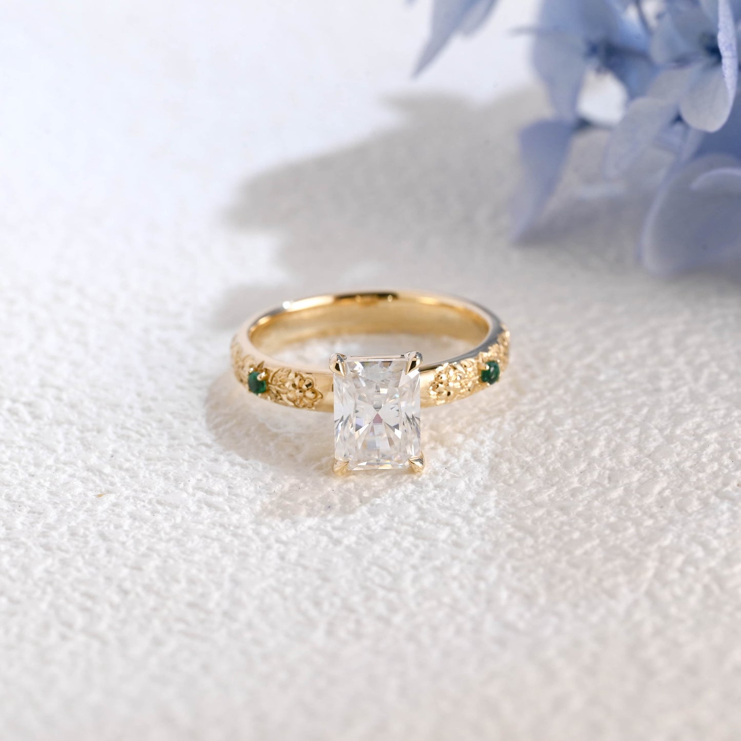 CausYou Radiant Cut Moissanite Engagement Ring Solid Gold Vintage Filigree Radiant Cut Moissanite Engagement Ring with Lab Emerald