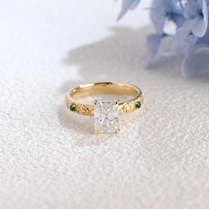 CausYou Radiant Cut Moissanite Engagement Ring Solid Gold Vintage Filigree Radiant Cut Moissanite Engagement Ring with Lab Emerald