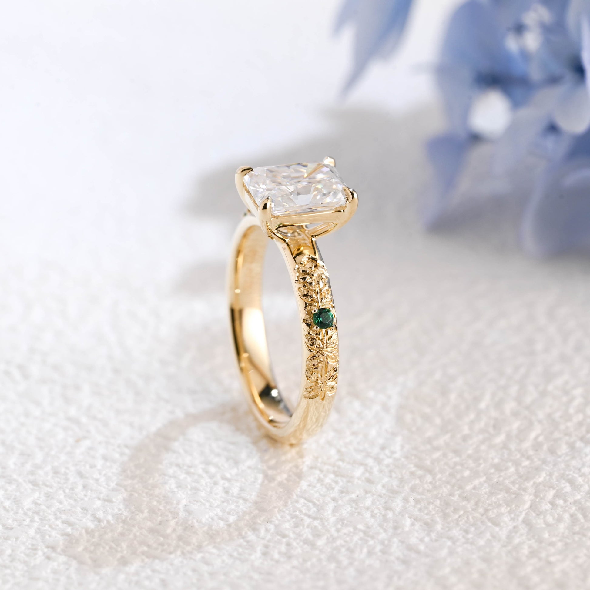 CausYou Radiant Cut Moissanite Engagement Ring Solid Gold Vintage Filigree Radiant Cut Moissanite Engagement Ring with Lab Emerald