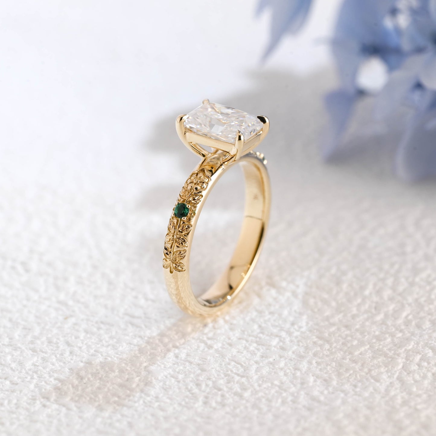 CausYou Radiant Cut Moissanite Engagement Ring Solid Gold Vintage Filigree Radiant Cut Moissanite Engagement Ring with Lab Emerald
