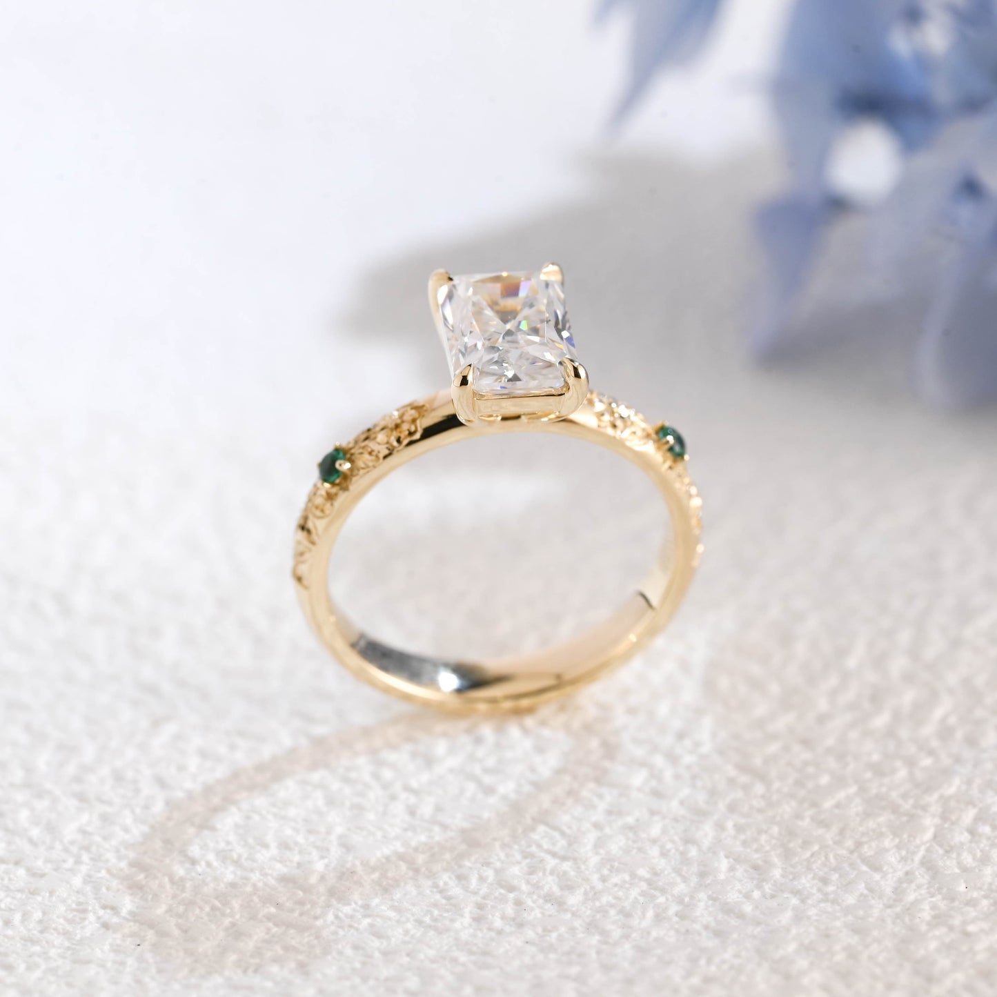 CausYou Radiant Cut Moissanite Engagement Ring Solid Gold Vintage Filigree Radiant Cut Moissanite Engagement Ring with Lab Emerald