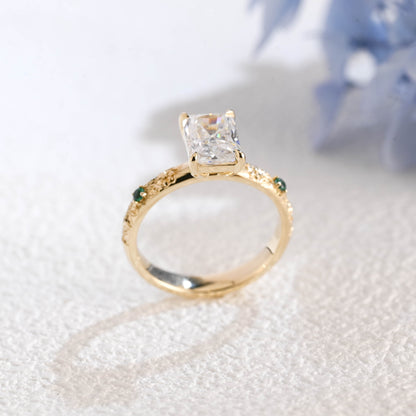 CausYou Radiant Cut Moissanite Engagement Ring Solid Gold Vintage Filigree Radiant Cut Moissanite Engagement Ring with Lab Emerald