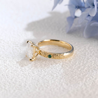 CausYou Radiant Cut Moissanite Engagement Ring Solid Gold Vintage Filigree Radiant Cut Moissanite Engagement Ring with Lab Emerald