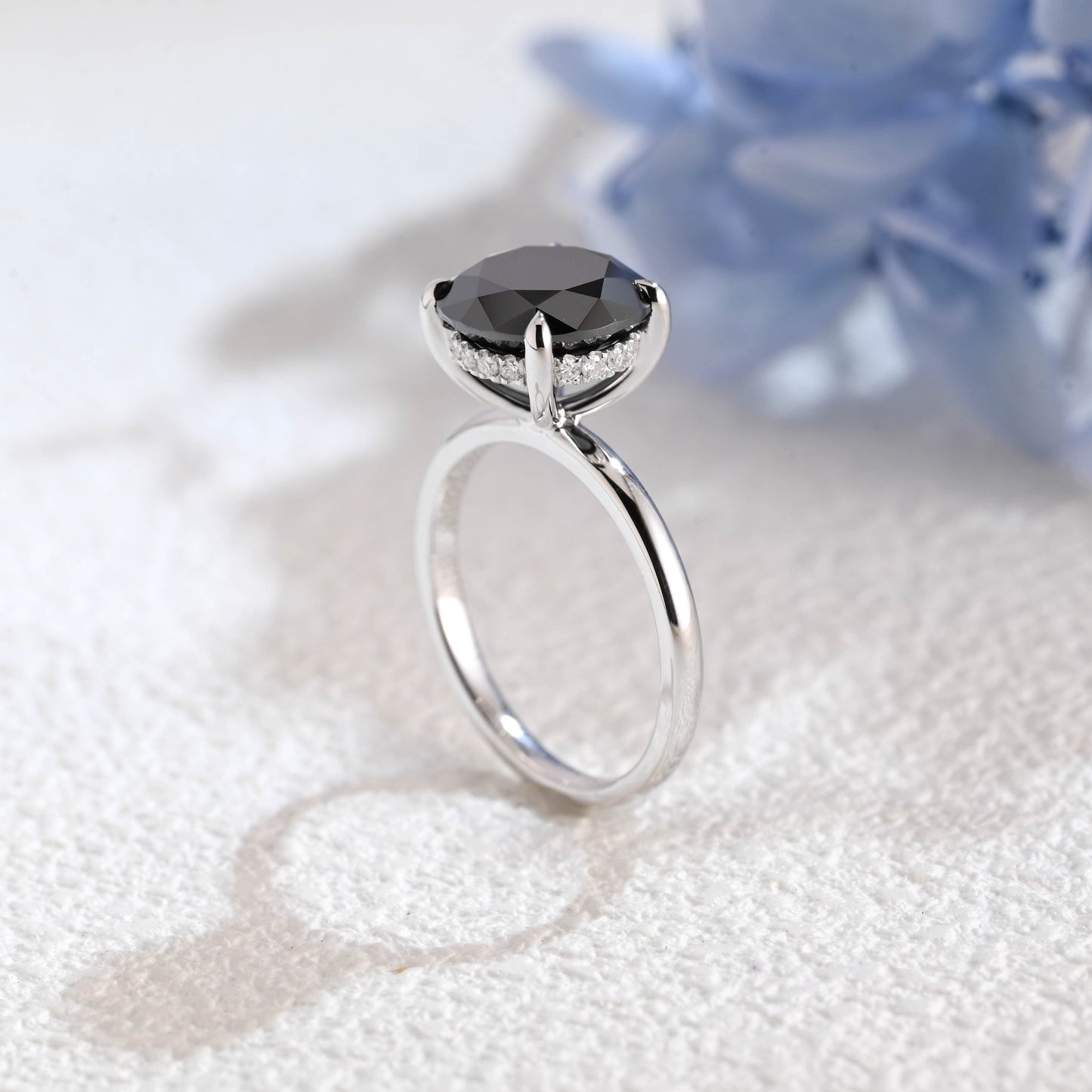 CausYou round cut moissanite engagement ring Solid Gold Hidden Halo Round Black Moissanite Engagement Ring