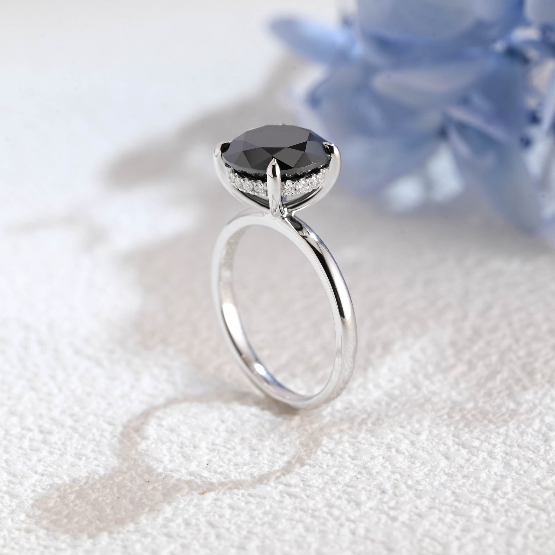 CausYou round cut moissanite engagement ring Solid Gold Hidden Halo Round Black Moissanite Engagement Ring