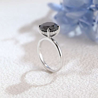 CausYou round cut moissanite engagement ring Solid Gold Hidden Halo Round Black Moissanite Engagement Ring