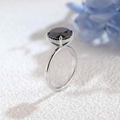CausYou round cut moissanite engagement ring Solid Gold Hidden Halo Round Black Moissanite Engagement Ring