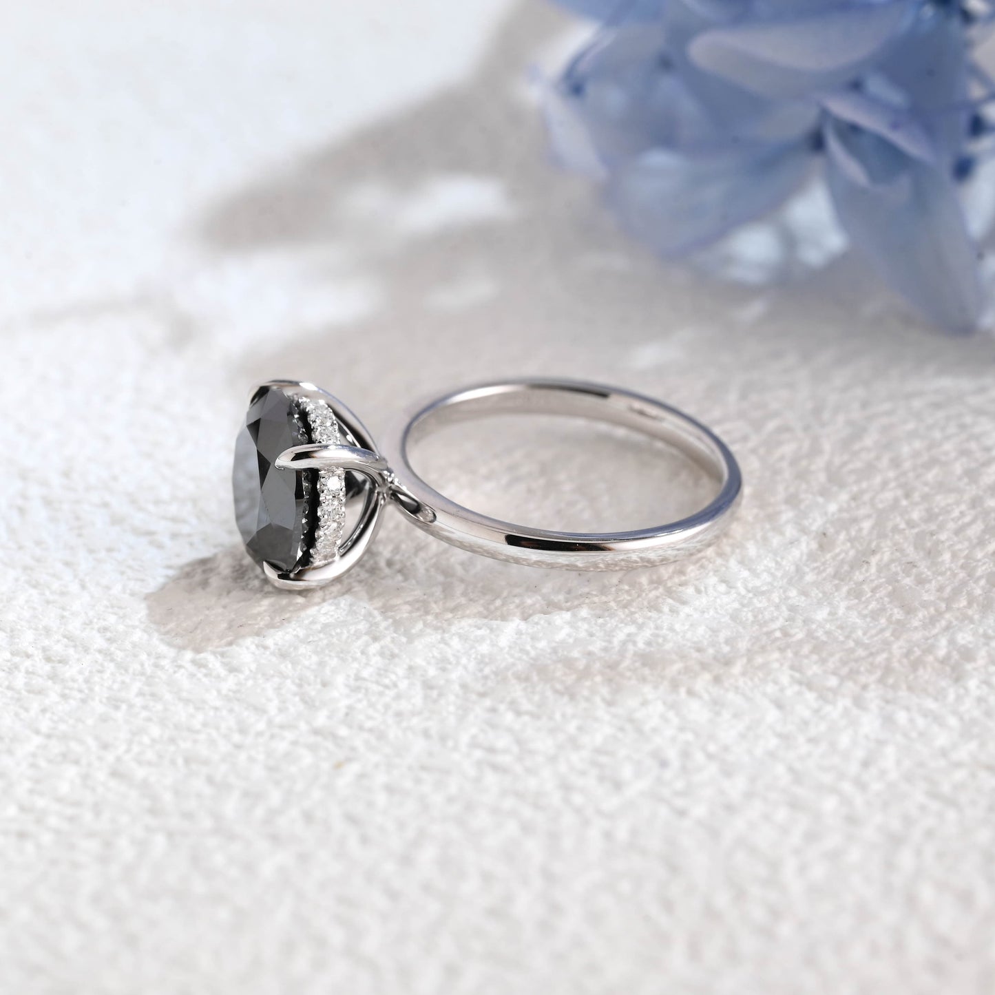 CausYou round cut moissanite engagement ring Solid Gold Hidden Halo Round Black Moissanite Engagement Ring