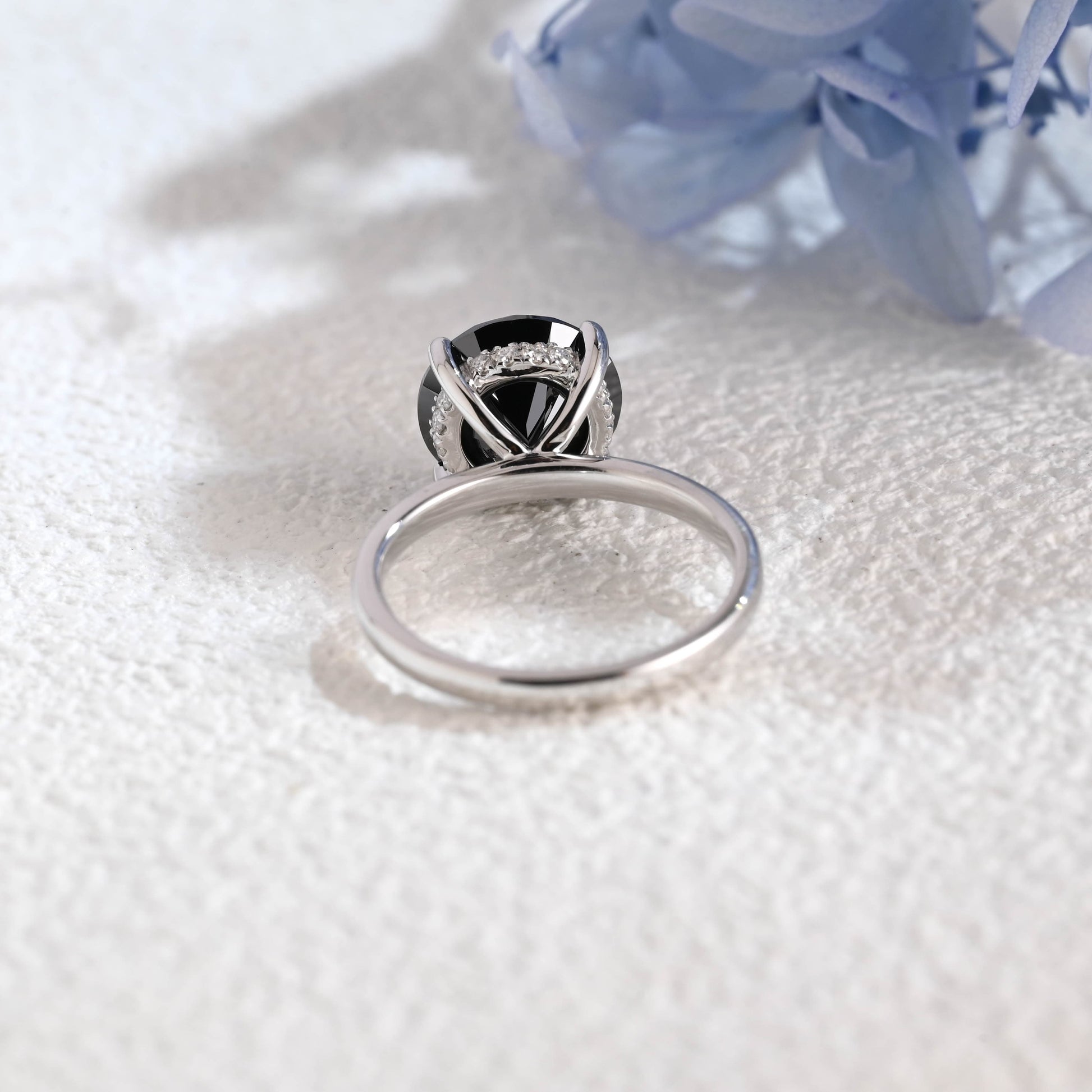 CausYou round cut moissanite engagement ring Solid Gold Hidden Halo Round Black Moissanite Engagement Ring