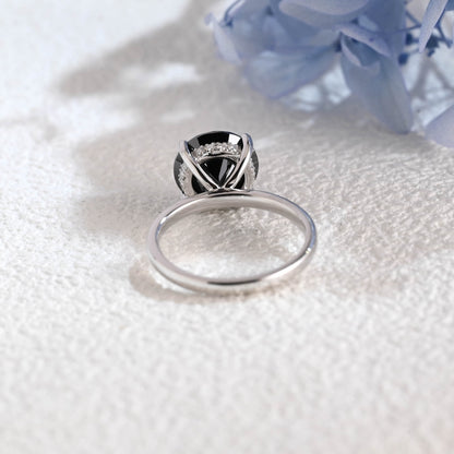 CausYou round cut moissanite engagement ring Solid Gold Hidden Halo Round Black Moissanite Engagement Ring