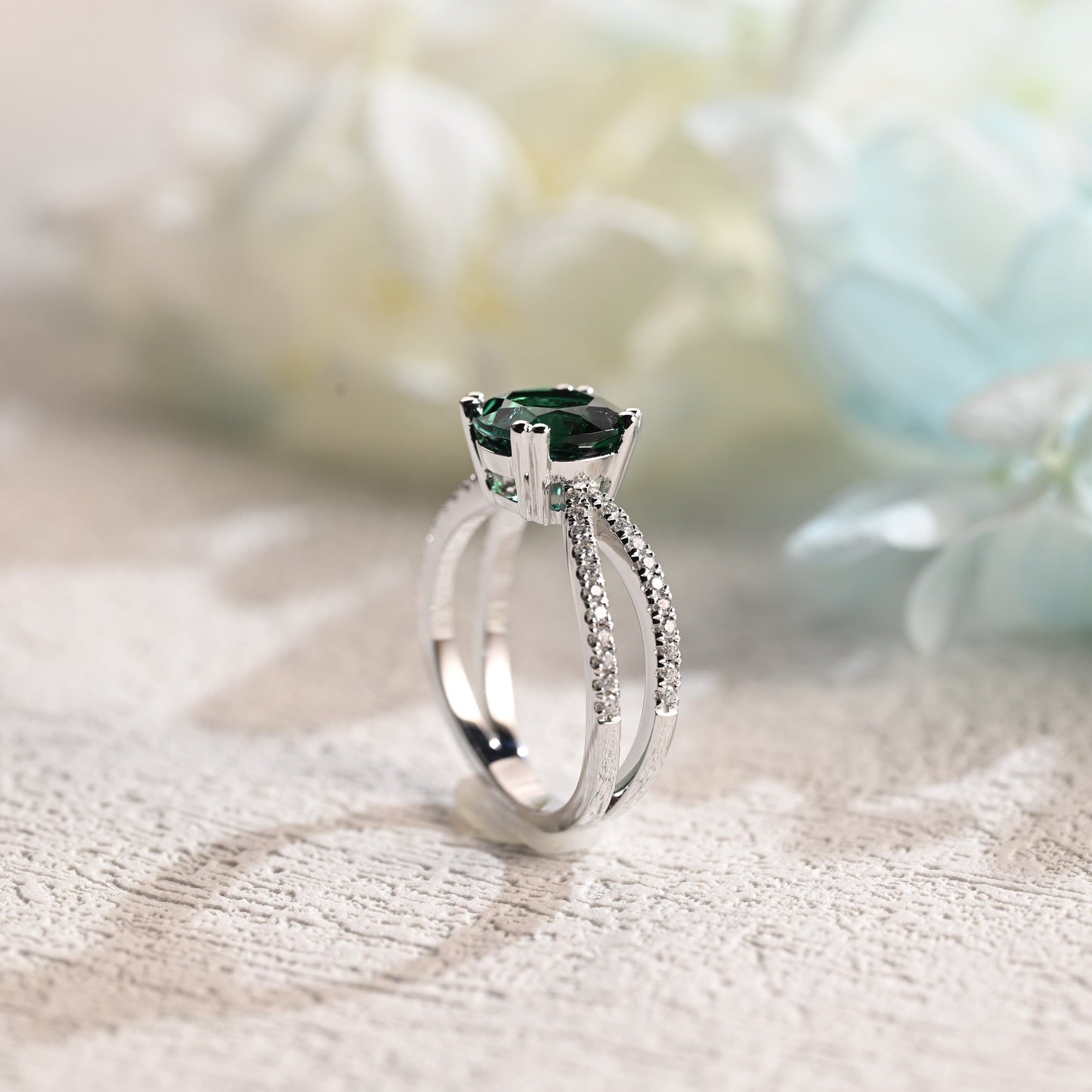 CausYou round cut moissanite engagement ring Solid Gold Round Cut Lab Emerald Engagement Ring, Split Shank Ring