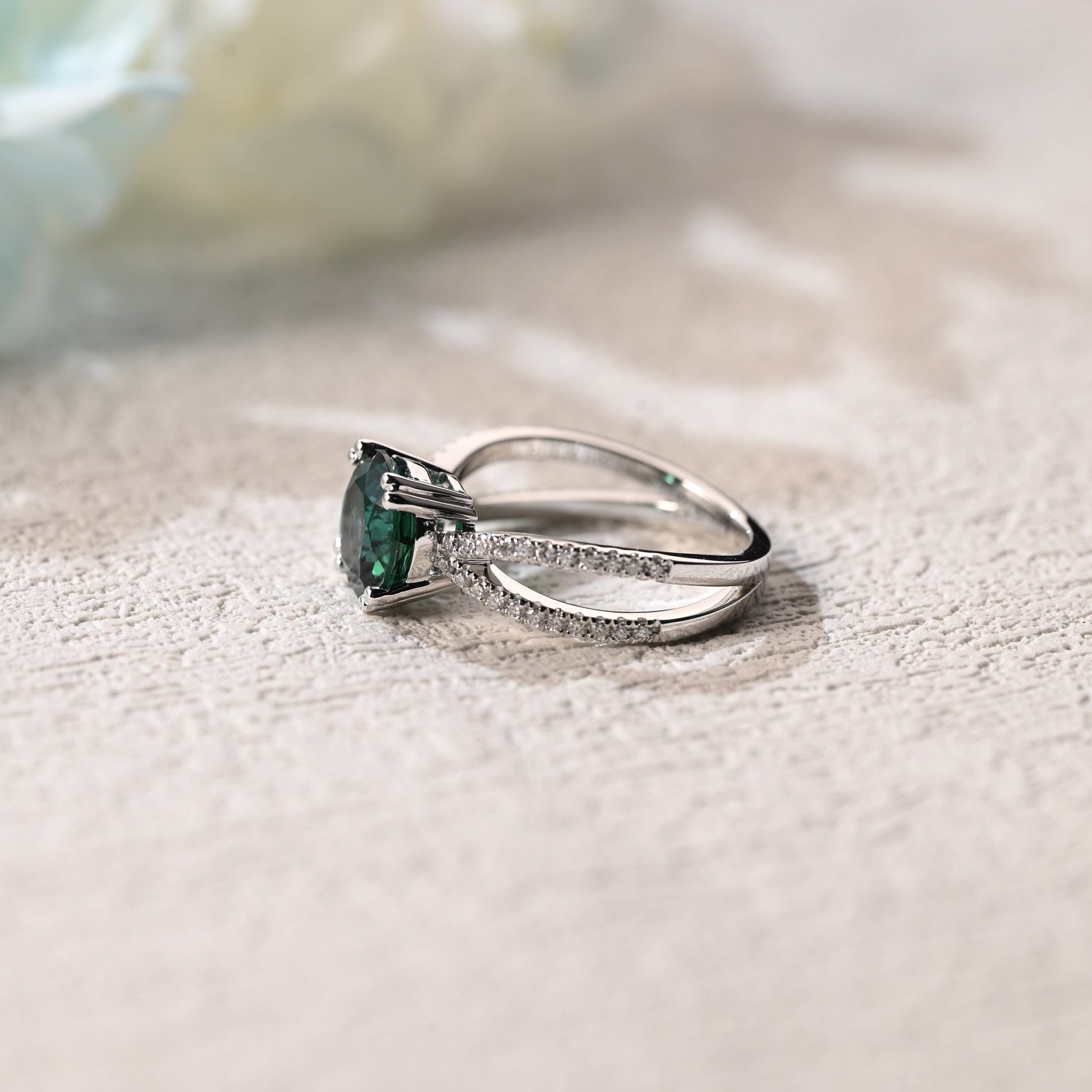 CausYou round cut moissanite engagement ring Solid Gold Round Cut Lab Emerald Engagement Ring, Split Shank Ring