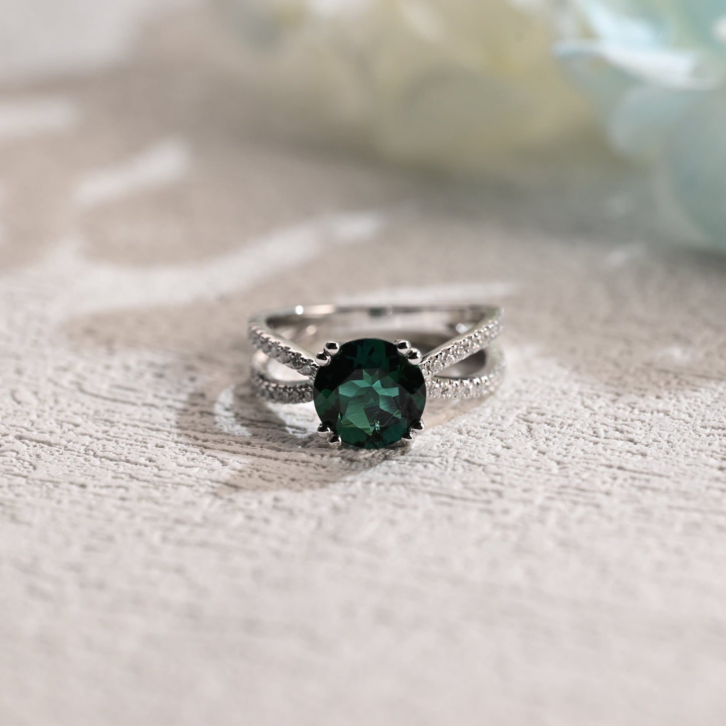 CausYou round cut moissanite engagement ring Solid Gold Round Cut Lab Emerald Engagement Ring, Split Shank Ring