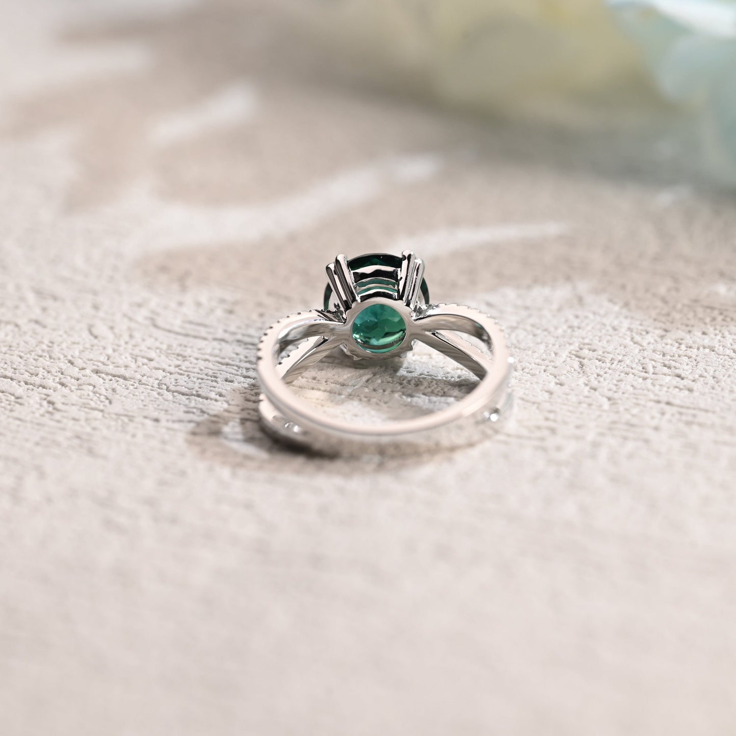 CausYou round cut moissanite engagement ring Solid Gold Round Cut Lab Emerald Engagement Ring, Split Shank Ring