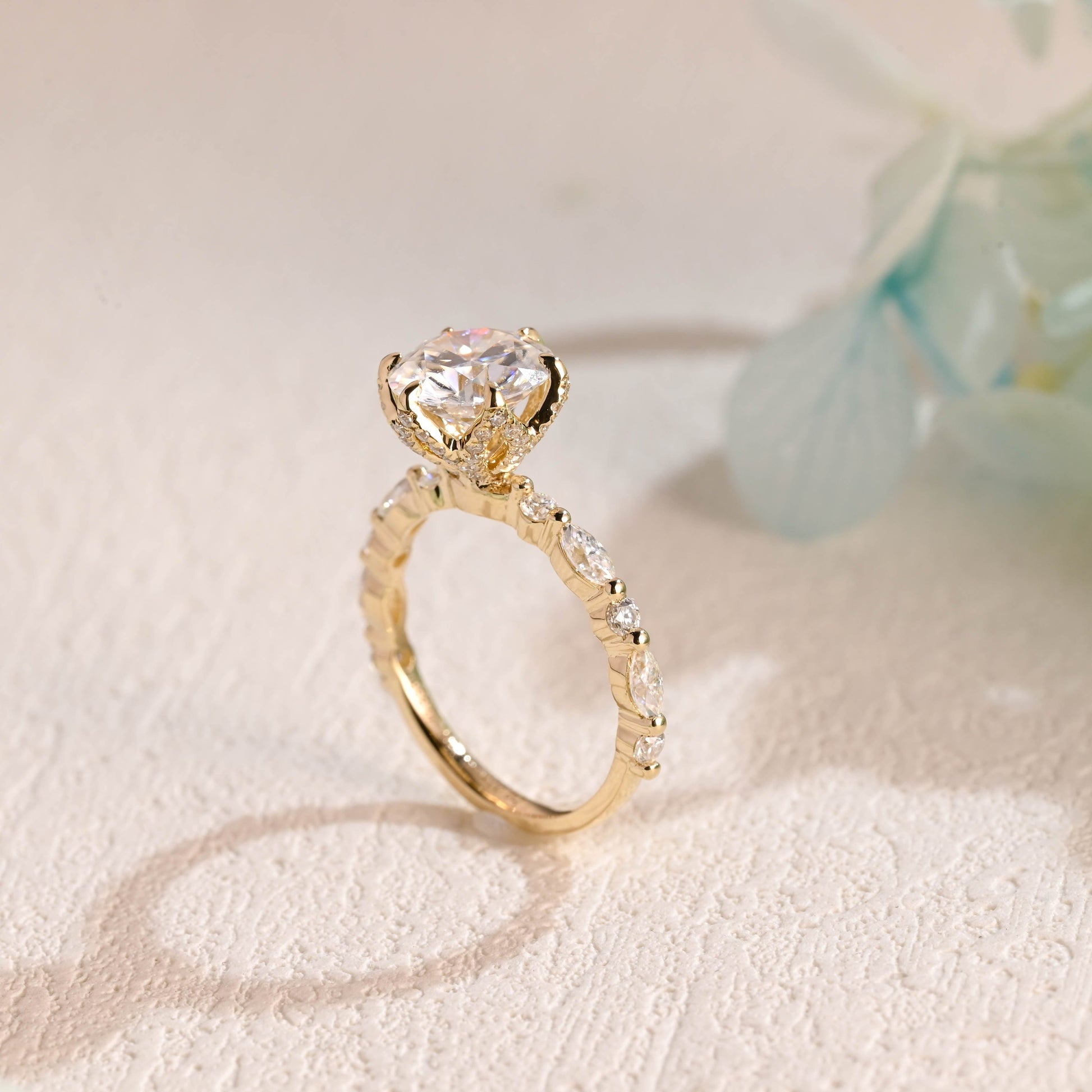 CausYou round cut moissanite engagement ring Solid Gold Round Cut Moissanite Engagement Ring Hidden Halo, Pave Marquise Ring