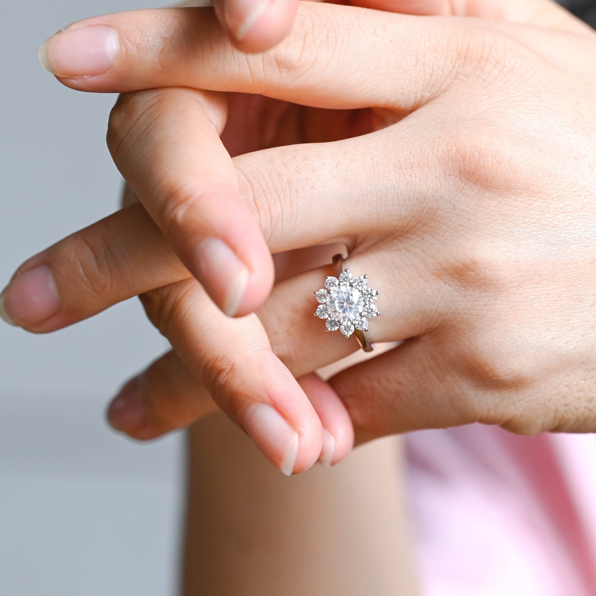 Solid Gold Round Cut Moissanite Engagement Ring, Snowflake Wedding