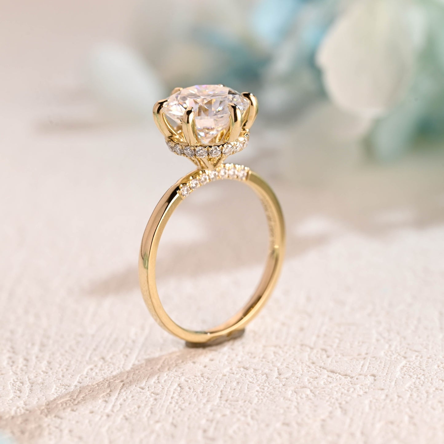 CausYou round cut moissanite engagement ring Solid Gold Round Moissanite Engagement Ring Hidden Halo