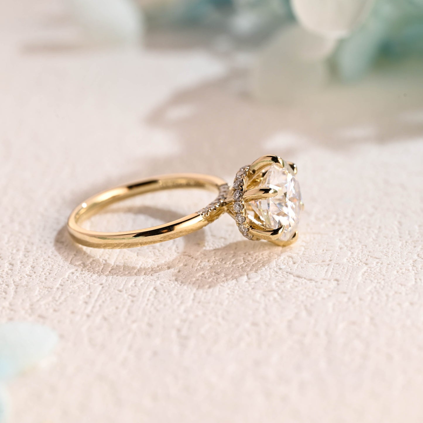 CausYou round cut moissanite engagement ring Solid Gold Round Moissanite Engagement Ring Hidden Halo