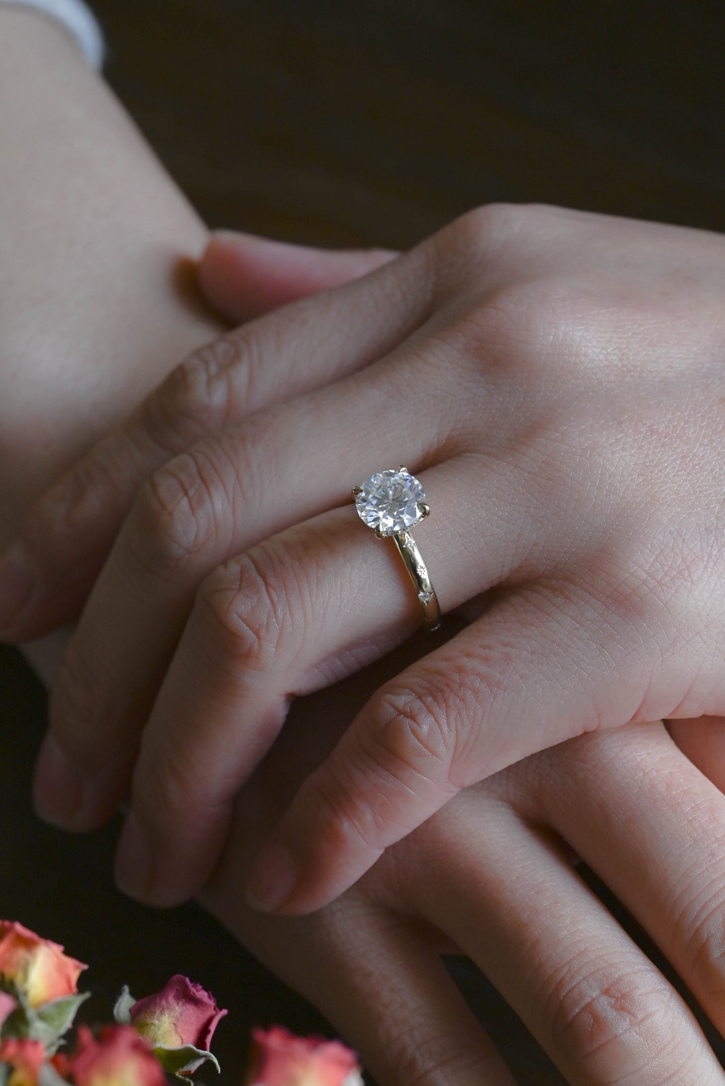 CausYou round cut moissanite engagement ring Solid Gold Solitaire Hidden Halo Round Cut Moissanite Engagement Ring, Star Engraved Band