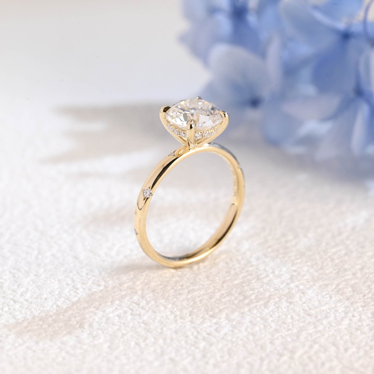 CausYou round cut moissanite engagement ring Solid Gold Solitaire Hidden Halo Round Cut Moissanite Engagement Ring, Star Engraved Band