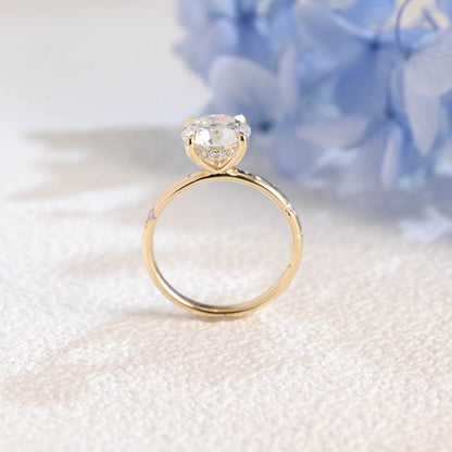 CausYou round cut moissanite engagement ring Solid Gold Solitaire Hidden Halo Round Cut Moissanite Engagement Ring, Star Engraved Band