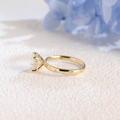 CausYou round cut moissanite engagement ring Solid Gold Solitaire Hidden Halo Round Cut Moissanite Engagement Ring, Star Engraved Band