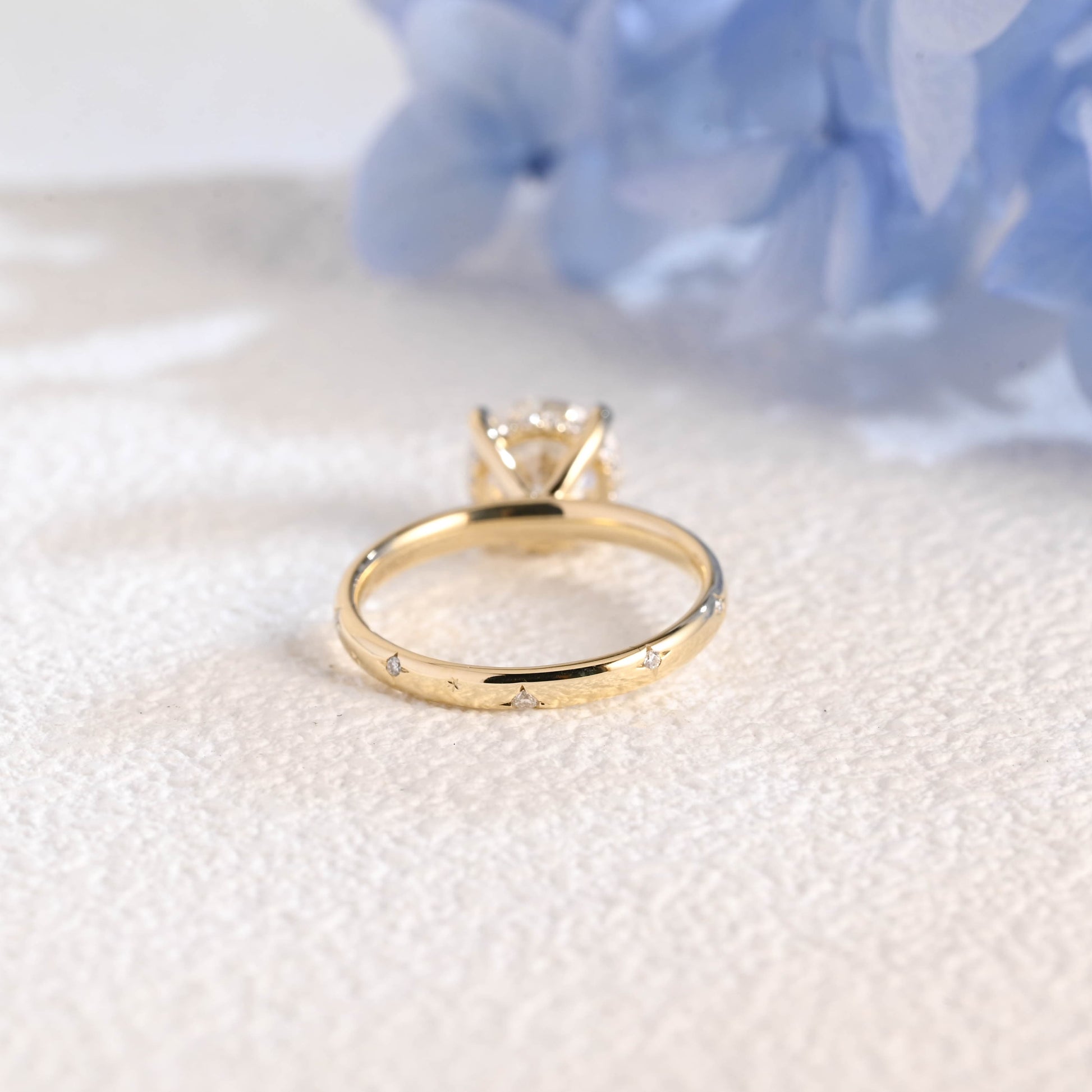 CausYou round cut moissanite engagement ring Solid Gold Solitaire Hidden Halo Round Cut Moissanite Engagement Ring, Star Engraved Band